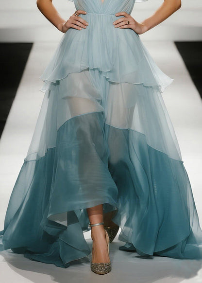 Himmelblaues Abendkleid für Damen aus Organza mit extra großem Saum, Patchwork-Design und Schmetterlingsärmeln