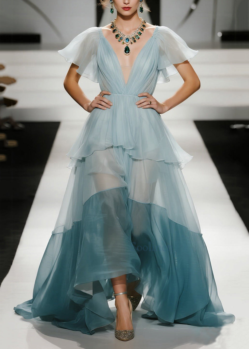 Himmelblaues Abendkleid für Damen aus Organza mit extra großem Saum, Patchwork-Design und Schmetterlingsärmeln