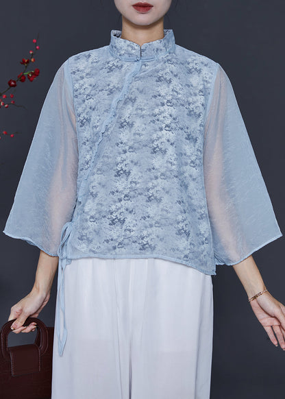 Frauen Himmel Blau Mandarin Kragen Print Chiffon Shirt Top Frühling