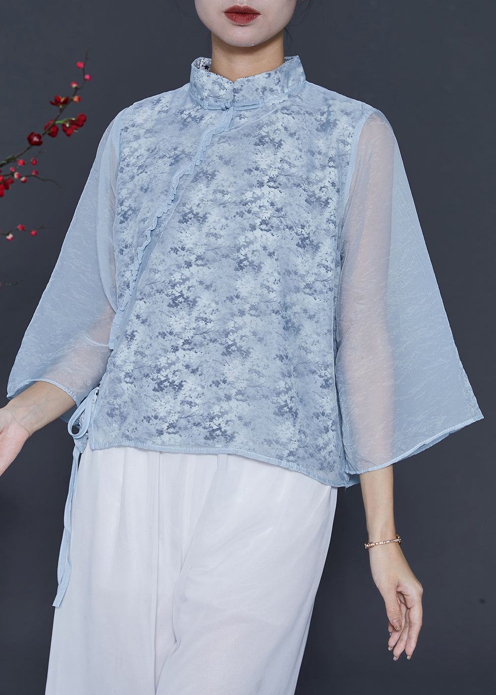 Frauen Himmel Blau Mandarin Kragen Print Chiffon Shirt Top Frühling