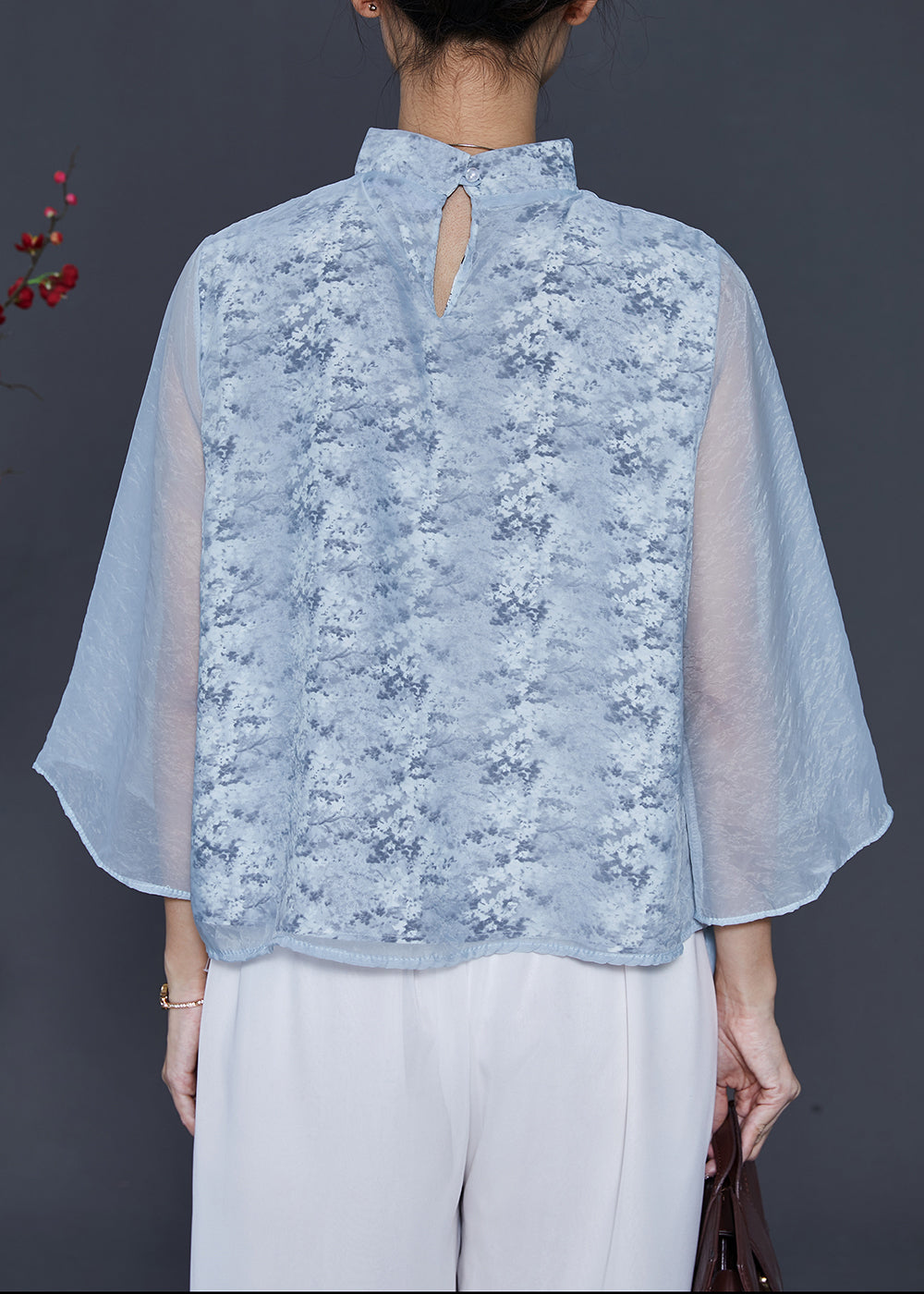 Frauen Himmel Blau Mandarin Kragen Print Chiffon Shirt Top Frühling