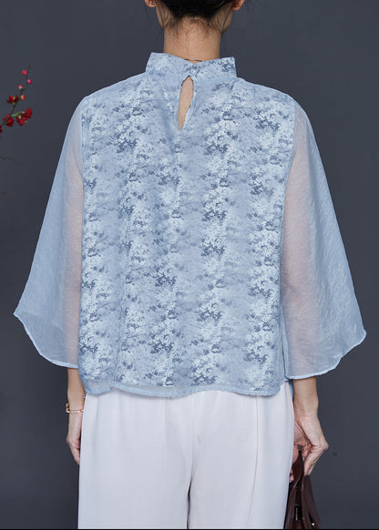 Frauen Himmel Blau Mandarin Kragen Print Chiffon Shirt Top Frühling