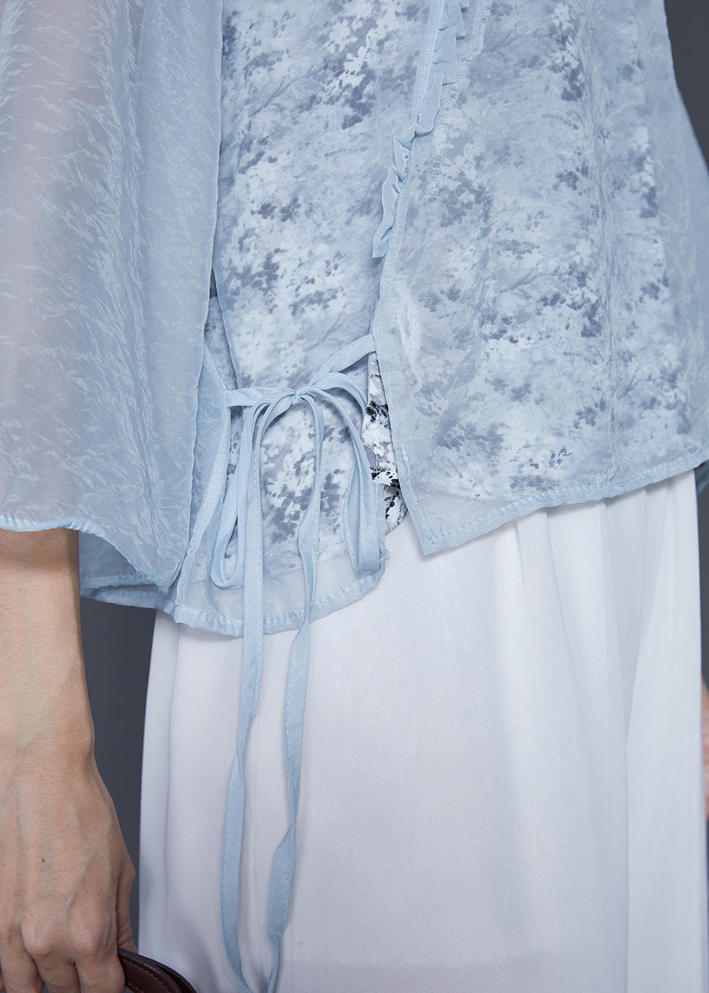 Frauen Himmel Blau Mandarin Kragen Print Chiffon Shirt Top Frühling