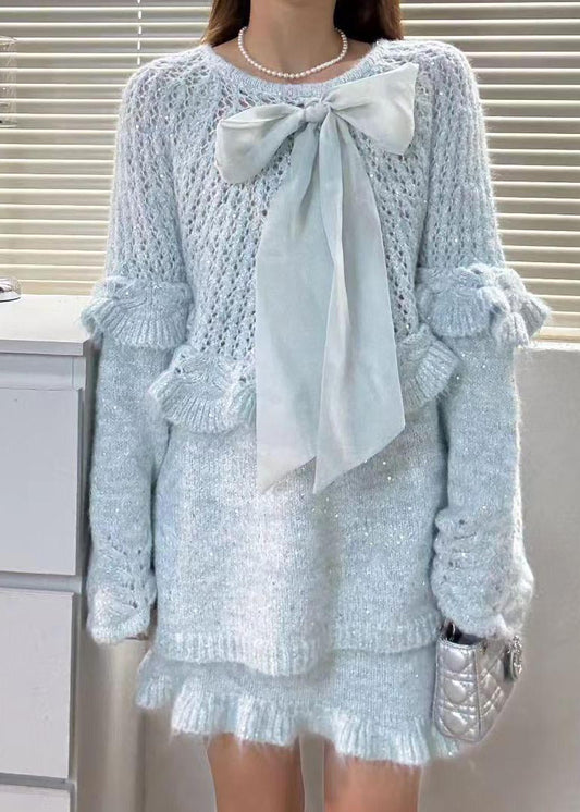 Women Sky Blue Ruffles Hollow Out Knit Two Piece Suit Set Fall