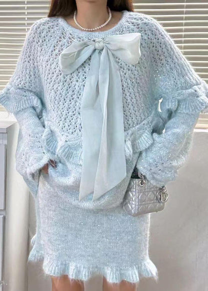 Women Sky Blue Ruffles Hollow Out Knit Two Piece Suit Set Fall