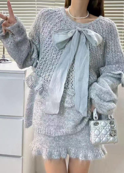 Women Sky Blue Ruffles Hollow Out Knit Two Piece Suit Set Fall