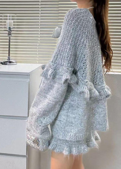 Women Sky Blue Ruffles Hollow Out Knit Two Piece Suit Set Fall