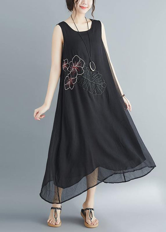 Women Sleeveless embroidery cotton blended dresses Boho Runway black long Dress Summer - SooLinen