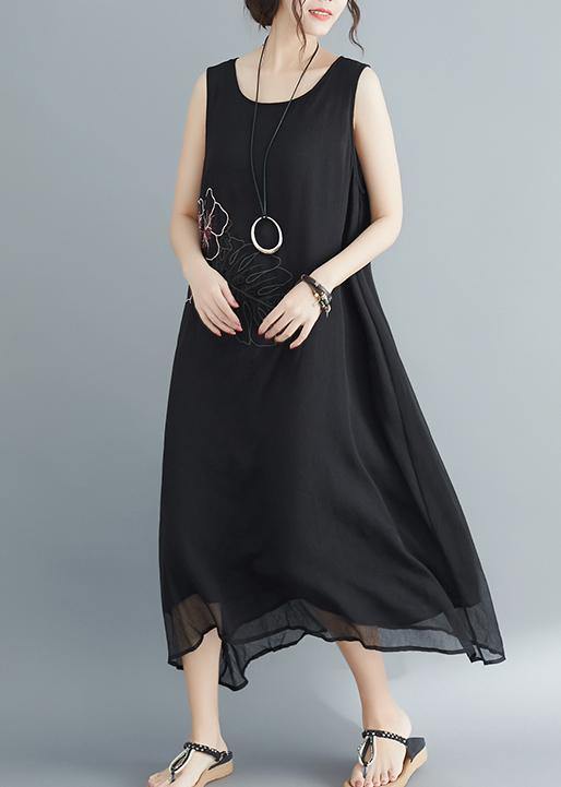Women Sleeveless embroidery cotton blended dresses Boho Runway black long Dress Summer - SooLinen