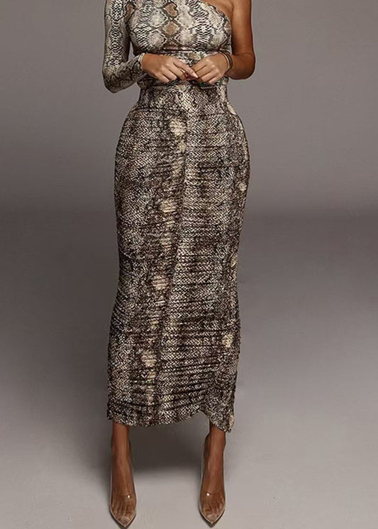 Women Snake Print High Waist Wrinkled Bodycon Skirt Fall