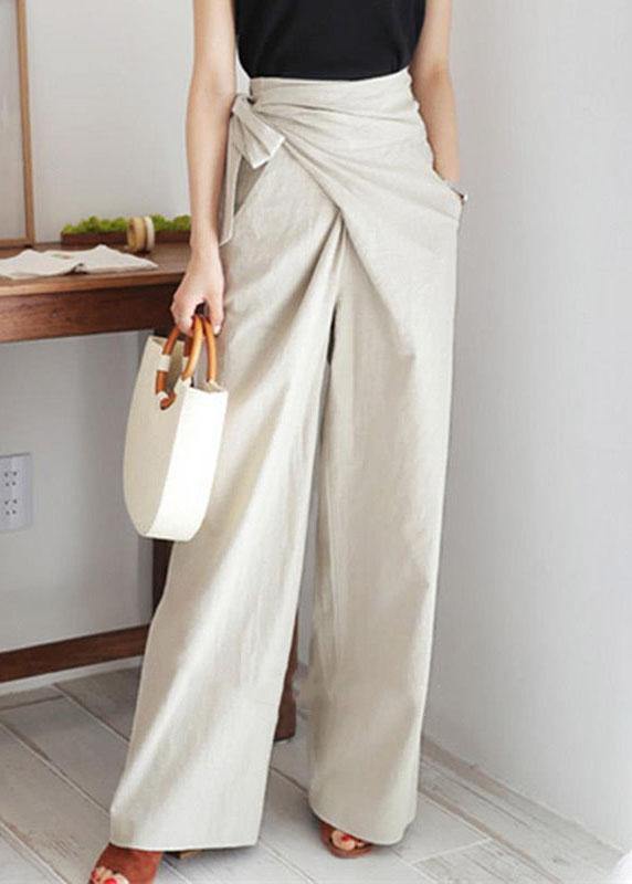 Women Solid Color Asymmetrical Bandage Design Breathable Wide Leg Pants - SooLinen