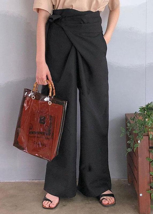 Women Solid Color Asymmetrical Bandage Design Breathable Wide Leg Pants - SooLinen