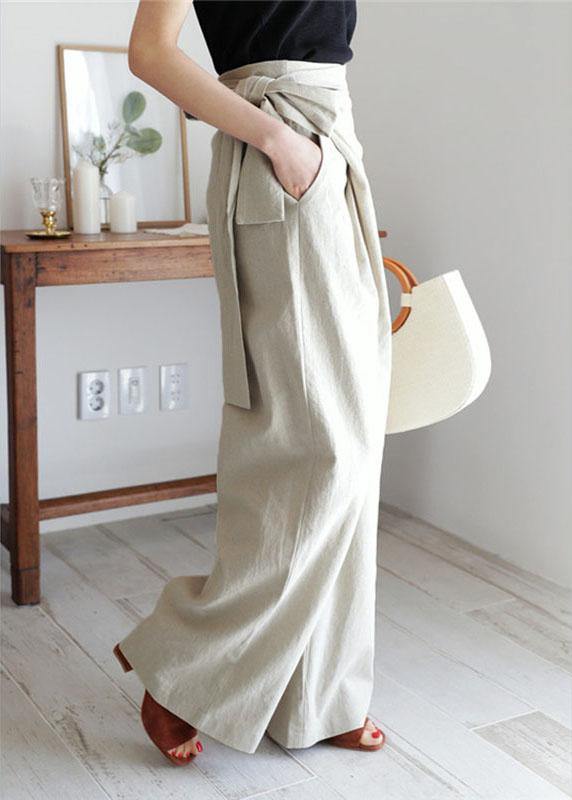 Women Solid Color Asymmetrical Bandage Design Breathable Wide Leg Pants - SooLinen