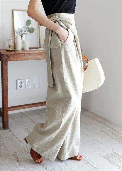 Women Solid Color Asymmetrical Bandage Design Breathable Wide Leg Pants - SooLinen