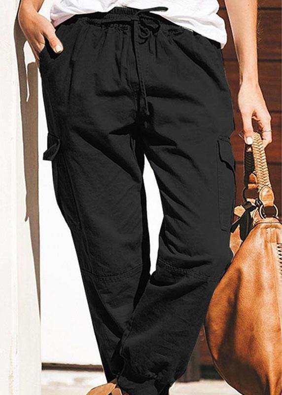 Women Solid Color Cotton Pockets Overalls Trouser Pants - SooLinen