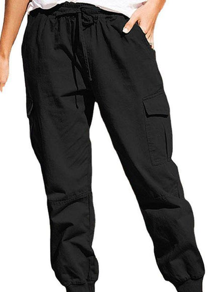 Women Solid Color Cotton Pockets Overalls Trouser Pants - SooLinen