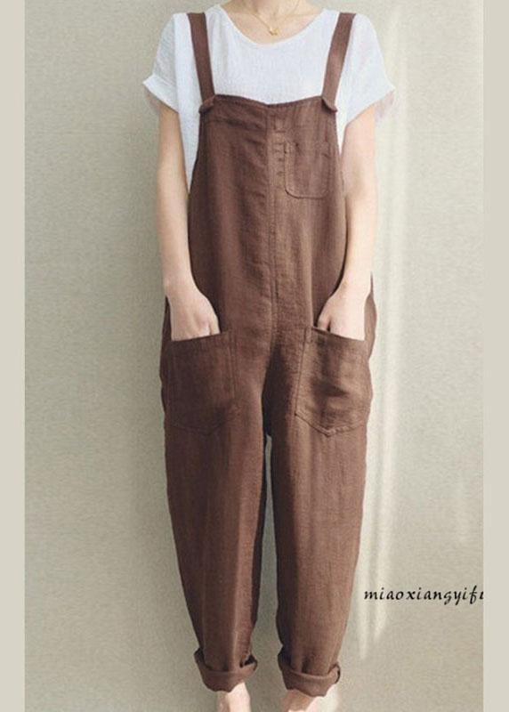 Women Solid Color Cotton Strappy Pocket Loose Harem Jumpsuit - SooLinen