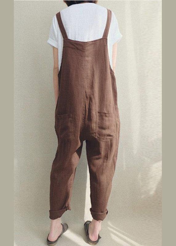 Women Solid Color Cotton Strappy Pocket Loose Harem Jumpsuit - SooLinen