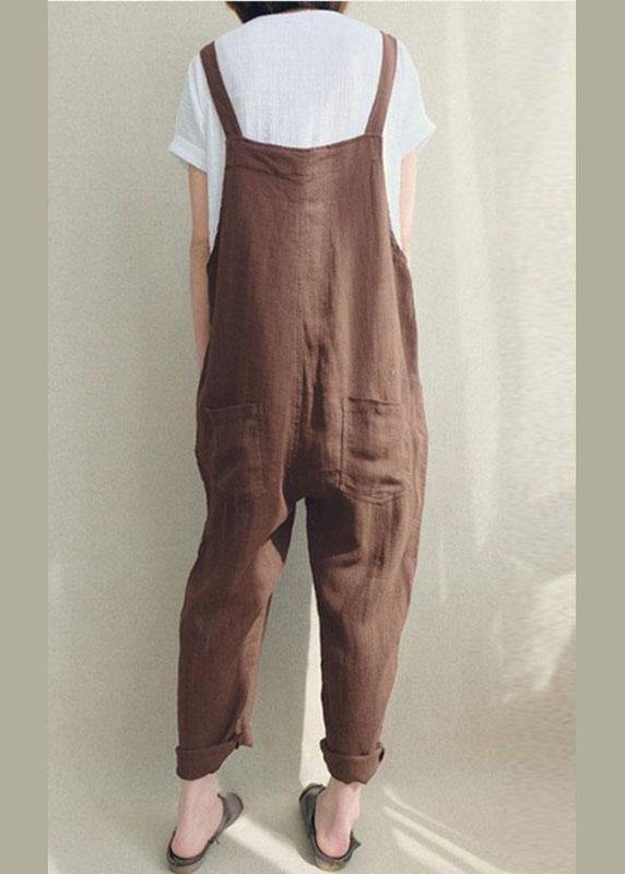 Women Solid Color Cotton Strappy Pocket Loose Harem Jumpsuit - SooLinen