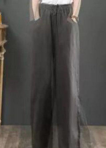 Women Solid Color Elastic Waist Drawstring Wide Leg Pants With Pocket - SooLinen