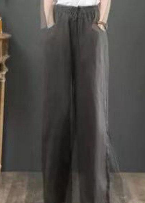 Women Solid Color Elastic Waist Drawstring Wide Leg Pants With Pocket - SooLinen