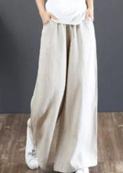 Women Solid Color Elastic Waist Drawstring Wide Leg Pants With Pocket - SooLinen