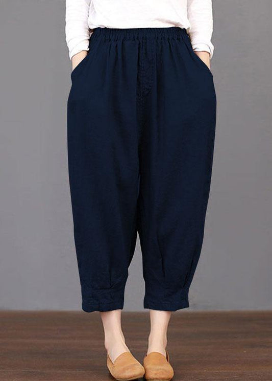 Women Solid Color Elastic Waist Loose Cotton Pants - SooLinen