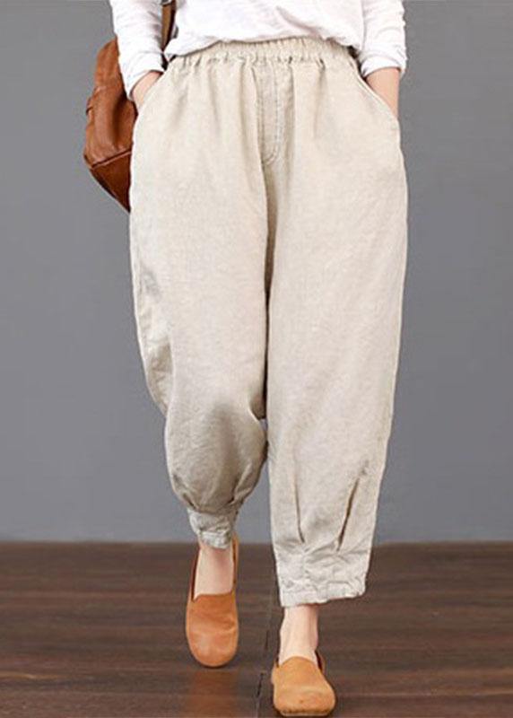 Women Solid Color Elastic Waist Loose Cotton Pants - SooLinen