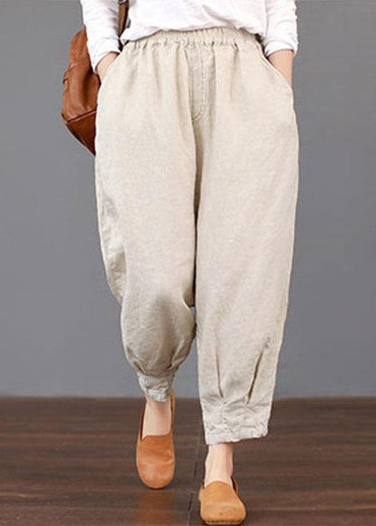 Women Solid Color Elastic Waist Loose Cotton Pants - SooLinen