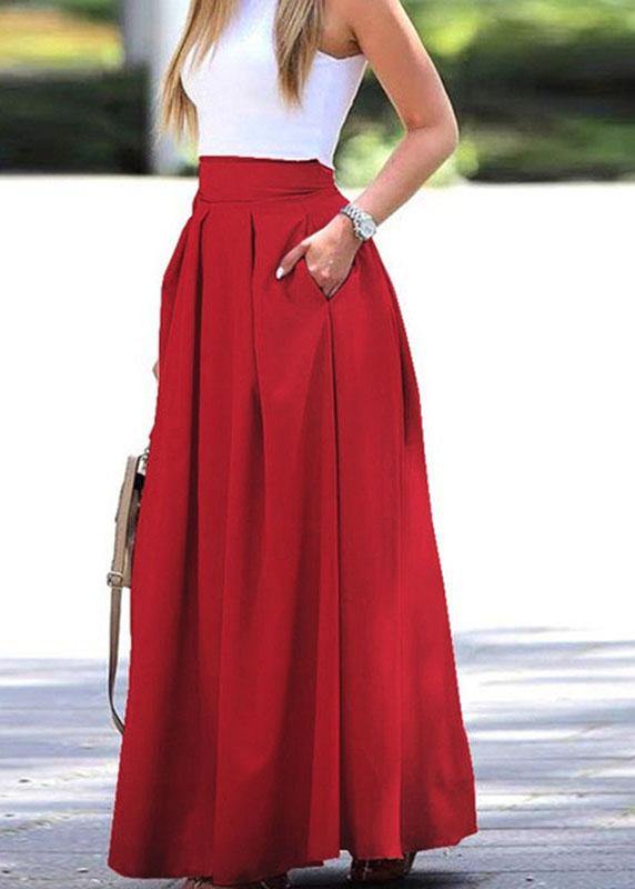 Women Solid Color High Waist Big Swing Zipper Casual Loose Long Skirt With Pocket - SooLinen