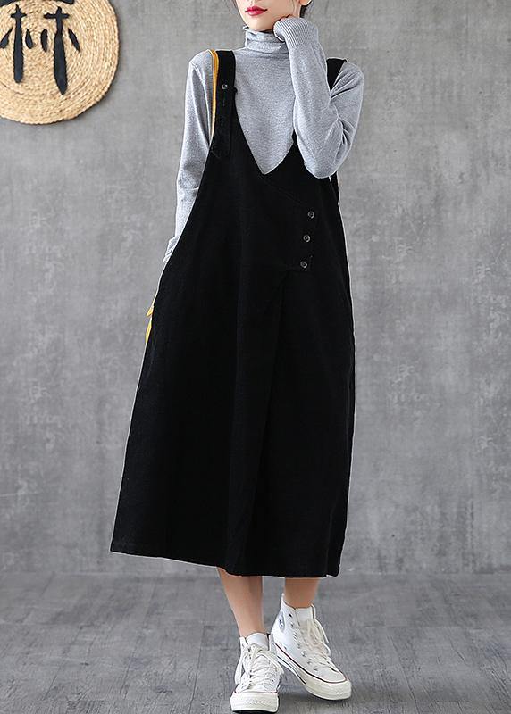 Women Spaghetti Strap pockets cotton clothes Women Fashion Ideas black long Dresses - SooLinen