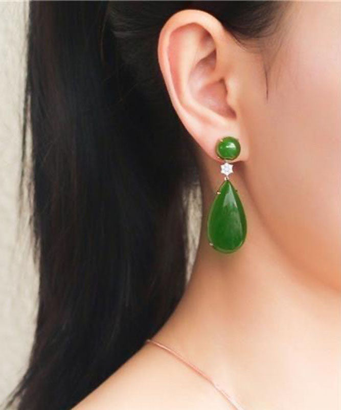 Pendientes de gota de agua con circonita y jade verde espinaca para mujer