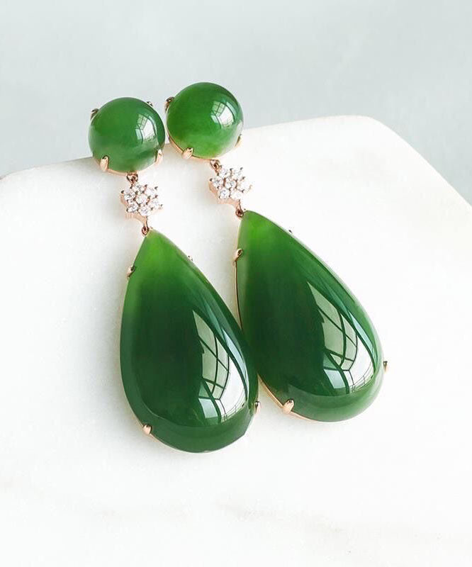 Pendientes de gota de agua con circonita y jade verde espinaca para mujer
