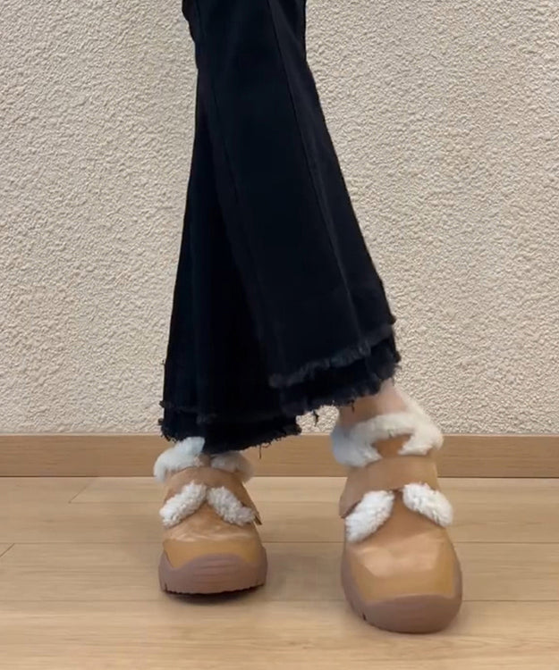 Women Splicing Platform Loafers Camel Suede Fuzzy Wool Lined