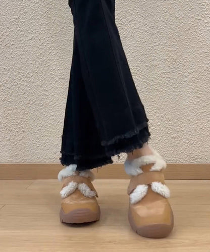 Women Splicing Platform Loafers Camel Suede Fuzzy Wool Lined