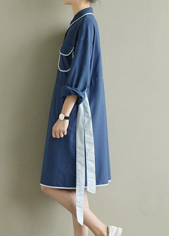 Damen Frühling Literarische Schnürung Spleißen Hemd Midikleid