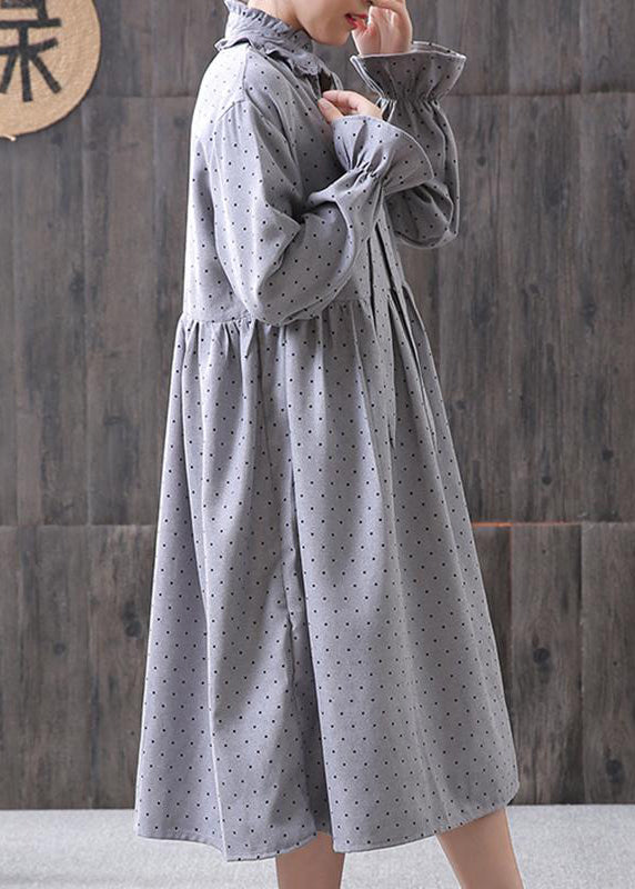 Damen Frühling Kleine Punkte Blütenblatt Ärmel Literarisches Kleid