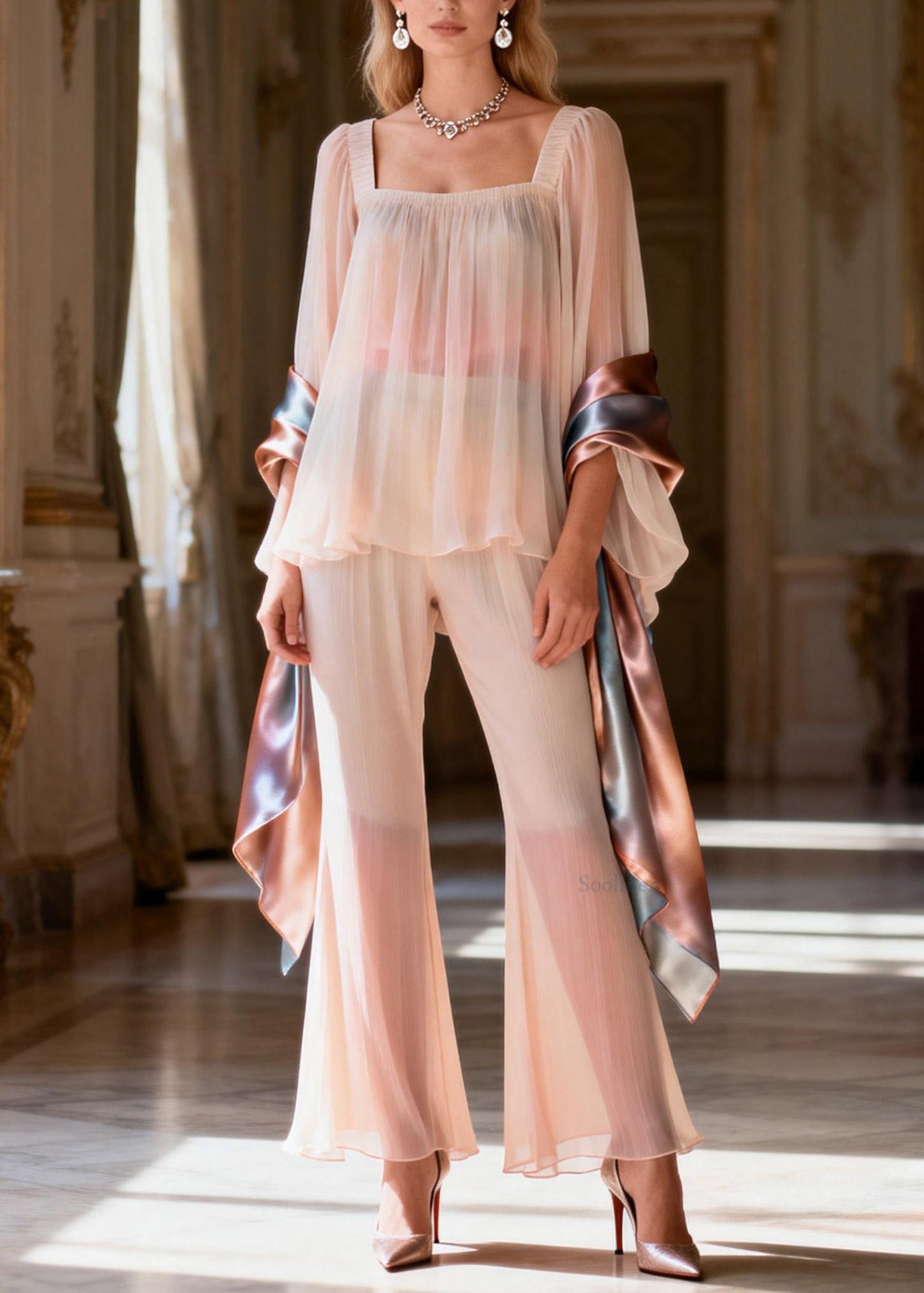 Women Square Collar Patchwork Silk Two Pieces Set Summer