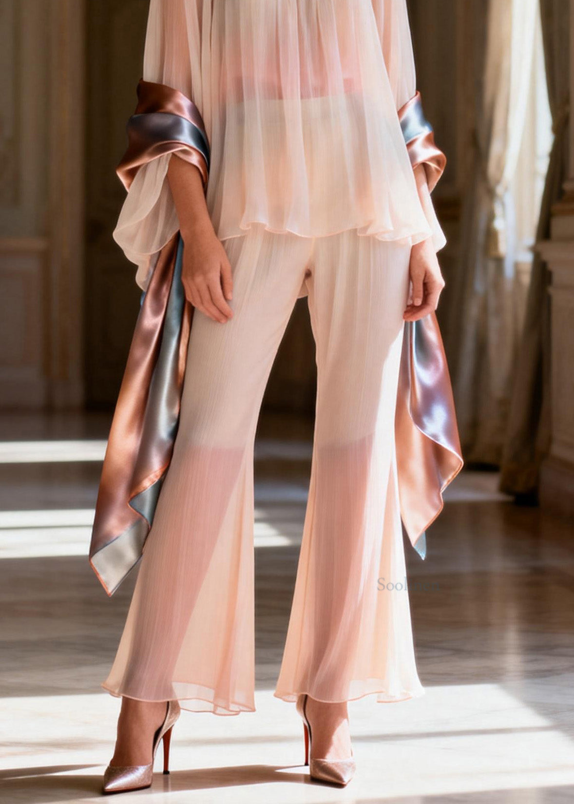 Women Square Collar Patchwork Silk Two Pieces Set Summer