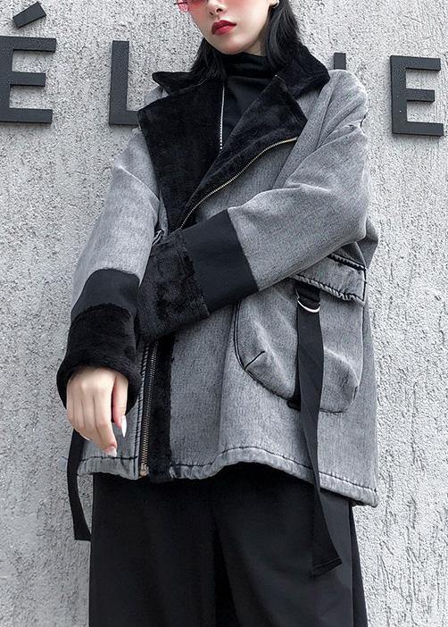 Women Square Collar zippered fine tunic coats gray jackets - SooLinen