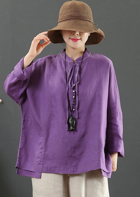 Women Stand Collar Pockets Spring Blouse Work Outfits Purple Blouse - SooLinen