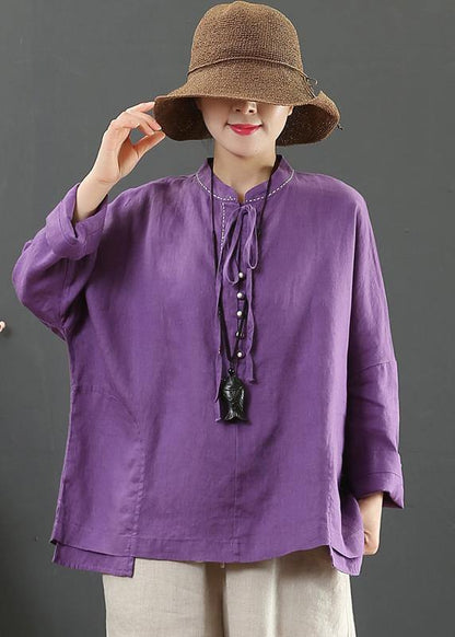 Women Stand Collar Pockets Spring Blouse Work Outfits Purple Blouse - SooLinen