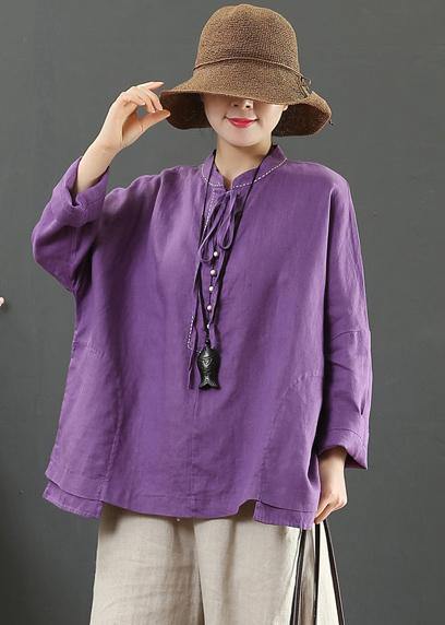 Women Stand Collar Pockets Spring Blouse Work Outfits Purple Blouse - SooLinen