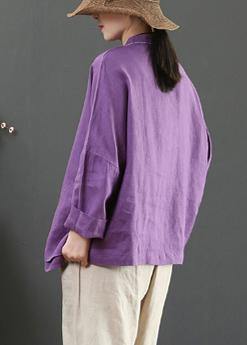 Women Stand Collar Pockets Spring Blouse Work Outfits Purple Blouse - SooLinen