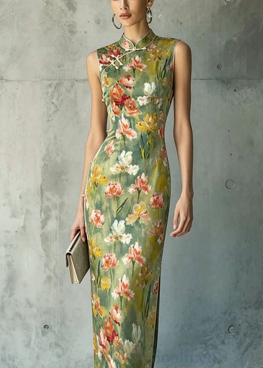 Women Stand Collar Print Chinese Button Silk Dresses Sleeveless
