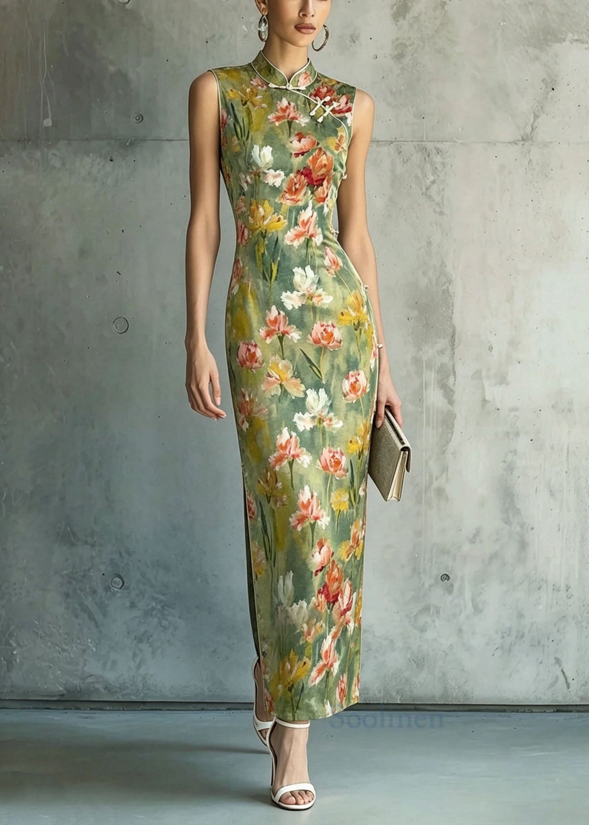 Women Stand Collar Print Chinese Button Silk Dresses Sleeveless