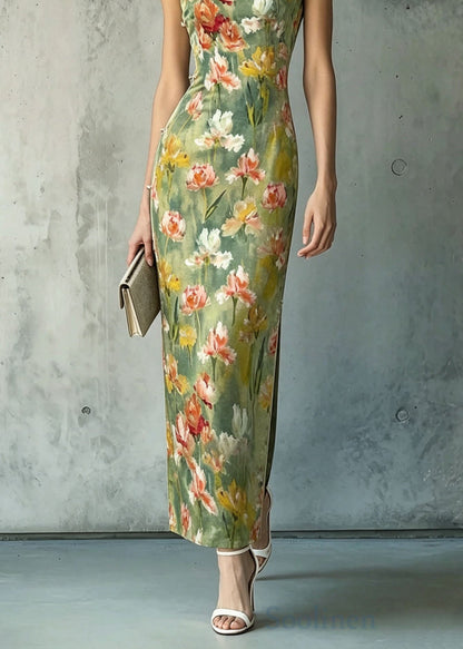 Women Stand Collar Print Chinese Button Silk Dresses Sleeveless