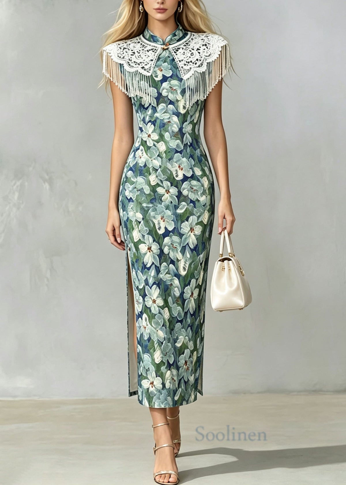 Women Stand Collar Print Side Open Cotton Long Dresses Summer