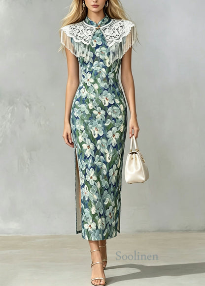 Women Stand Collar Print Side Open Cotton Long Dresses Summer
