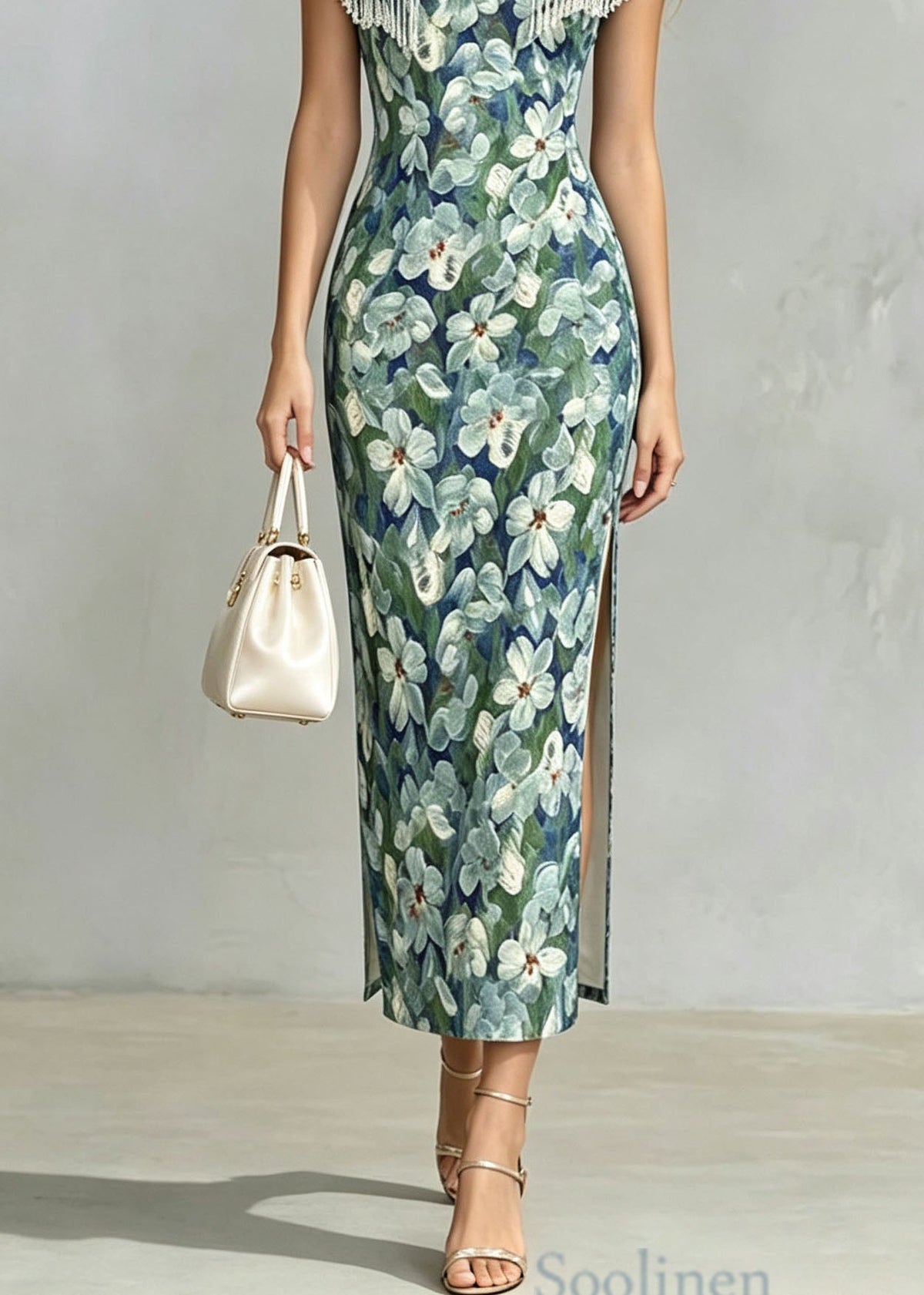 Women Stand Collar Print Side Open Cotton Long Dresses Summer